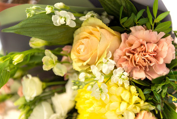 bouquet of flowers, roses, carnations, yellow flowers