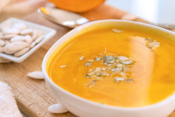 pumpkin soup in a bowl, vegetable cream soup