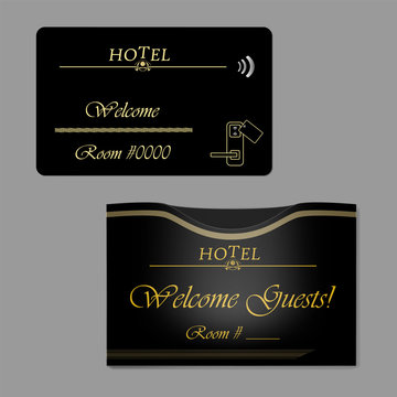 Black hotel RFID key card with keycard sleeve holder, vector template