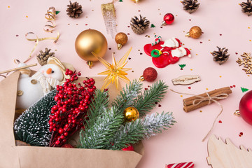 spruce branch, Golden and red Christmas balls, sweets, cones, branch with red berries, red beads, tinsel, star, Christmas tree, snowman, snowflake, icicle, envelope, merry Christmas