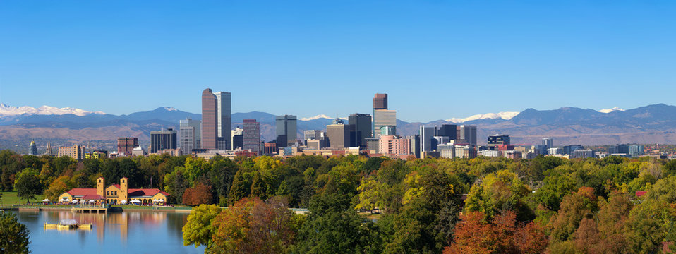 Skyline of Denver downtown with Rocky Mountains