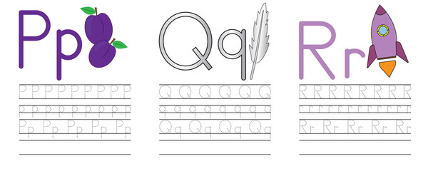 Writing practice of letters P,Q,R. Education for children. Vector illustration