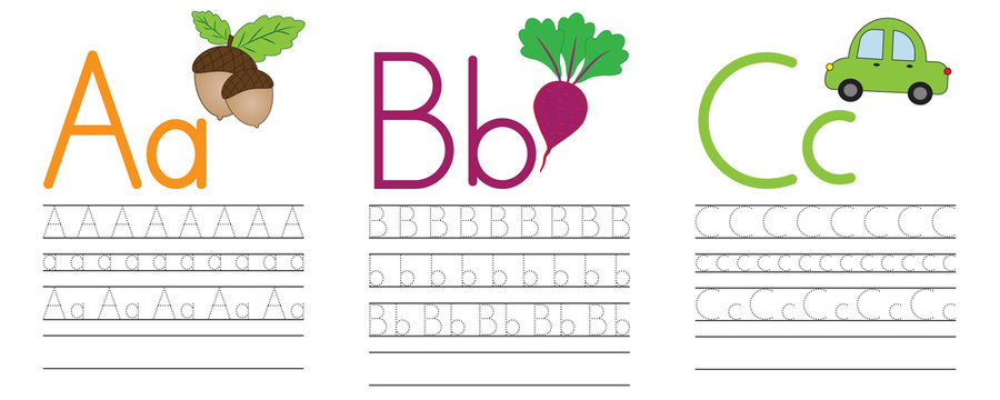 Writing practice of letters A,B,C. Education for children. Vector illustration