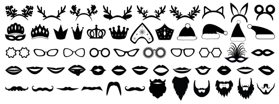Photo booth props. New year (Christmas) party set. Glasses, hats, lips, beard, antler, kokoshnik, crown, mask. Vector illustration.