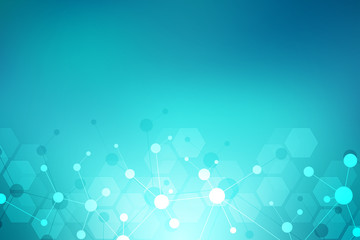 Abstract geometric texture with molecular structures and neural network. Molecules DNA and genetic engineering. Futuristic artificial intelligence concept. Technological and scientific modern design.