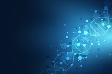 DNA strand and molecular structure. Genetic engineering or laboratory research. Background texture for medical or scientific and technological design.