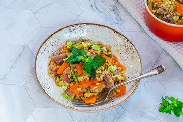 Pearl barley and bacon cassarole with carrots, leek and savoy cabbage - high angle view