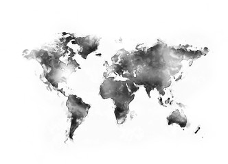 World map ink watercolour painting isolated on white background 