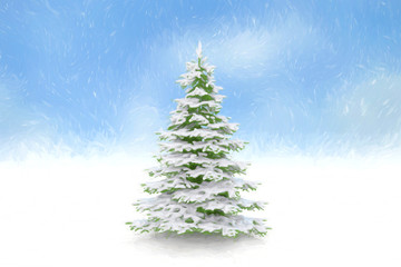 Christmas tree and falling snow blue sky background