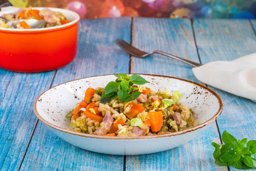 Pearl barley and bacon cassarole with carrots, leek and savoy cabbage