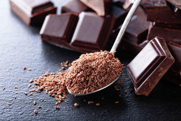 Broken black chocolate pieces and chocolate chip in small spoon.