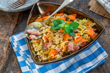 Pearl barley and bacon cassarole with carrots, leek and savoy cabbage