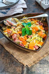 Pearl barley and bacon cassarole with carrots, leek and savoy cabbage