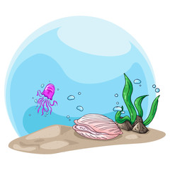 Aquarium icon. Vector illustration of aquarium with fish. Hand drawn beautiful marine life on the ocean floor.