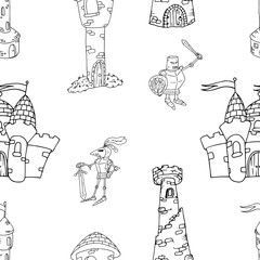 Dragon, knight, castle with towers seamless pattern. Seamless pattern of fairytale characters dragon, knight. Hand drawn castle with tower knight with dragon.