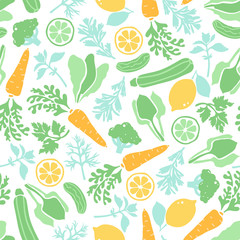 Seamless pattern with vegetables and greenery. Carrots, zucchini, broccoli, dill, parsley, rosemary, spinach, lettuce, mint, cucumber, lemon. Vegetarian healthy food. Background for various surfaces.