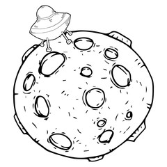 UFO on the planet. Vector of a UFO crash in space. Hand drawn cartoon ufo on the moon.
