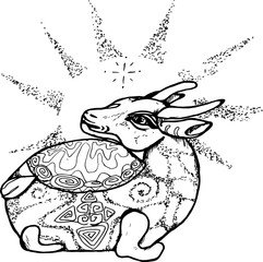 Black and white pattern of a bull with rays coming out of the head.