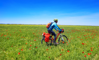 Biker by Camino de Santiago in bicycle