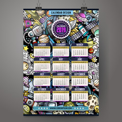 Cartoon colorful hand drawn doodles Space 2019 year calendar template.
