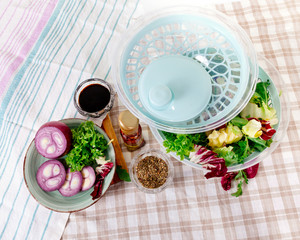 greens green table cabbage spinner leaves onions hot pepper pepperoni oil white background drushlag