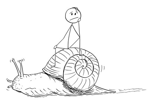 Cartoon stick drawing conceptual illustration of frustrated man or businessman sitting on the shell of snail and moving slow. Metaphor of slow progress and long waiting.