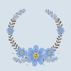 Floral greeting card and invitation template for wedding or birthday anniversary, Vector shape of text box label and frame, Blue cosmos flowers wreath ivy style with branch and leaves.