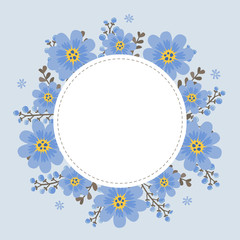 Floral greeting card and invitation template for wedding or birthday anniversary, Vector shape of text box label and frame, Blue cosmos flowers wreath ivy style with branch and leaves.