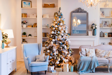 Interior of cozy room decorated in Christmas Happy new Year style. No people. An empty sofa,...