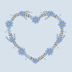 Floral greeting card and invitation template for wedding or birthday anniversary, Vector shape of text box label and frame, Blue cosmos flowers wreath ivy style with branch and leaves.