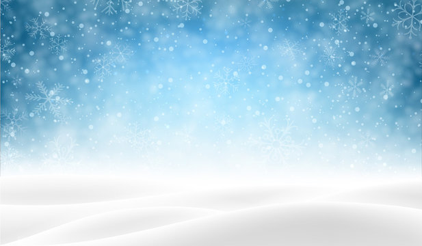 Blue background with winter landscape and snow for seasonal, Christmas and New Year decoration.