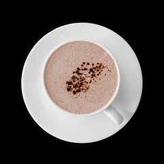 hot cocoa or milk chocolate and coffee with cocoa powder in white cup on top view in cafe or coffee shop on morning drink time and black background isolated included clipping path