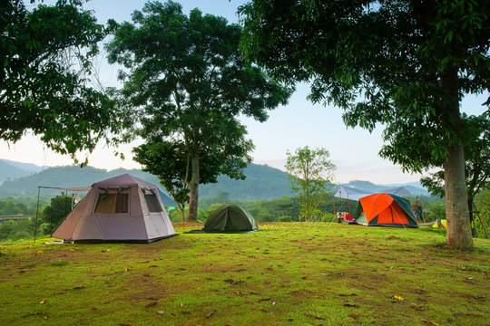 nature landscape camping tent with tree on green grass meadow and mountain in jungle garden or forest with blue sky for family vacation picnic on holiday relax travel in autumn winter on morning