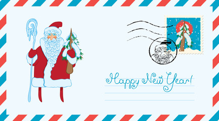 Vector envelope on the theme of Merry Christmas and Happy New year with a postage stamp and a postmark. Cartoon image of Santa Claus with magic staff, Christmas tree and inscription Happy New year.