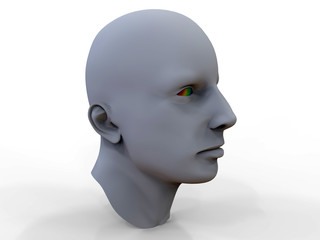 3D render - grey human head with rainbow eyes