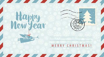 Vector envelope on the theme of Christmas and New year with postage stamp and postmark. Calligraphic inscription Happy New year with angel on string on the snowflakes background.