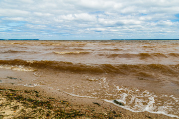 Bank of the Volga River in windy weather
