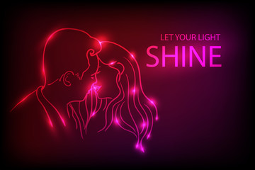 Let your light shine. Vector illustration with lovers. Kiss. Neon