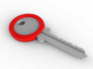 3D render - single metallic key with red cap