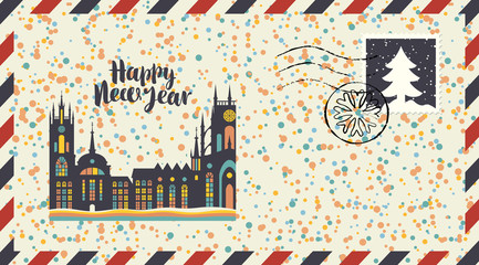 Vector envelope on the theme of Christmas and New year with postage stamp and postmark. Winter old european city with bright windows and inscription on background of colored confetti and snowflakes