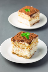 Two piece of traditional italian Tiramisu dessert cake on a white plate, decorated with cocoa powder and mint, on gray background, vertical