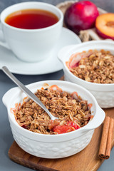 Plum crumble pie or plum crisp with oats and spices, in baking dish, vertical