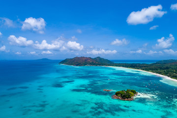 Naklejka na ściany i meble Aerial view of beautiful island at Seychelles in the Indian Ocean.Top view from drone