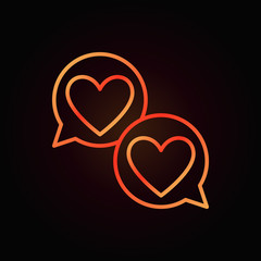 Hearts in speech-bublle red outline icon. Vector two speech bubbles with hearts linear sign on dark background