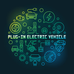 Fototapeta na wymiar Plug-in electric vehicle vector circular creative colorful illustration in thin line style on dark background