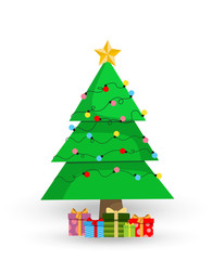 Cute cartoon decorated Christmas fir tree with gifts and presents on white