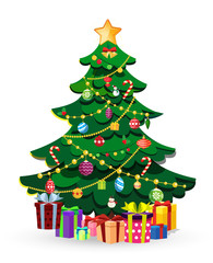 Cute cartoon decorated Christmas fir tree with many gifts and present boxes.