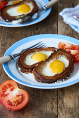 Baked toasts with egg filling and tomato slices on a plate 
