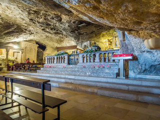 Apulia, Italy - Jul 17, 2018: Inside the shrine of the Sanctuary of San Michele Arcangelo, Monte...