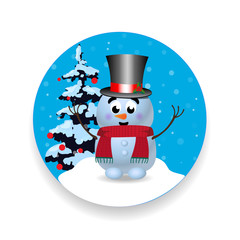 Christmas, new year round sign icon with cute snowman on white background.